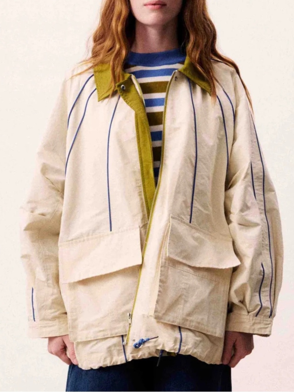 FRNCH CARTAGENA CREAM JACKET Utility with Olive Trim - Sz: S Oversized
